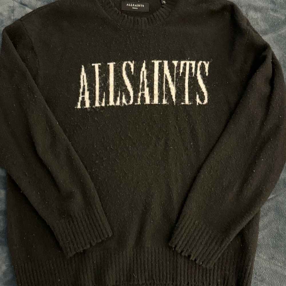 All Saints Black Crewneck Sweater with Bold Branding